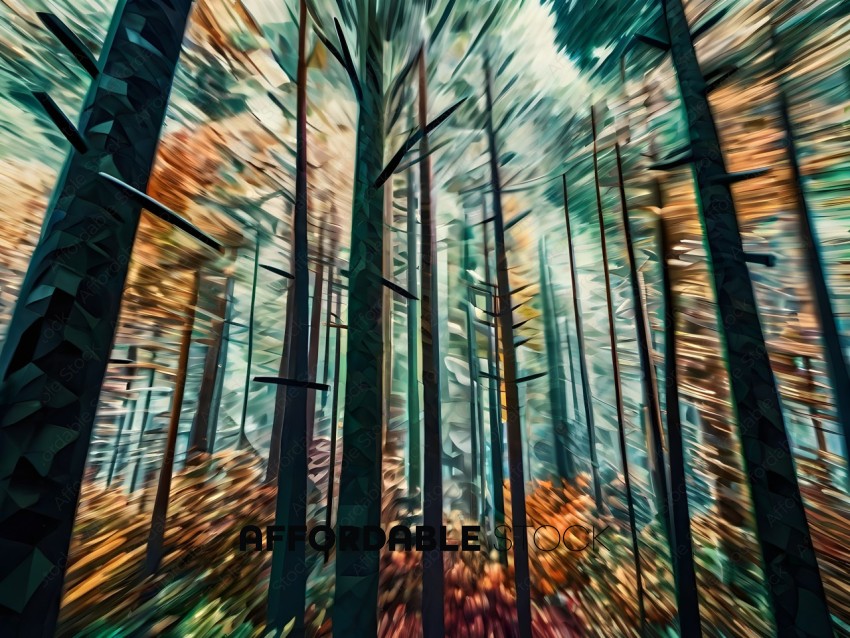A blurry image of a forest with trees and leaves