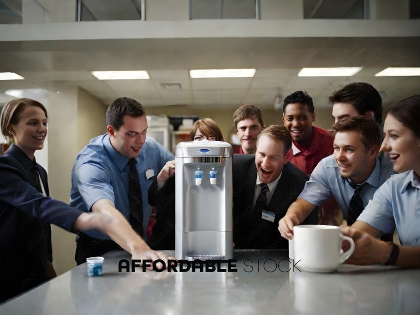 A group of people in business attire are gathered around a water cooler