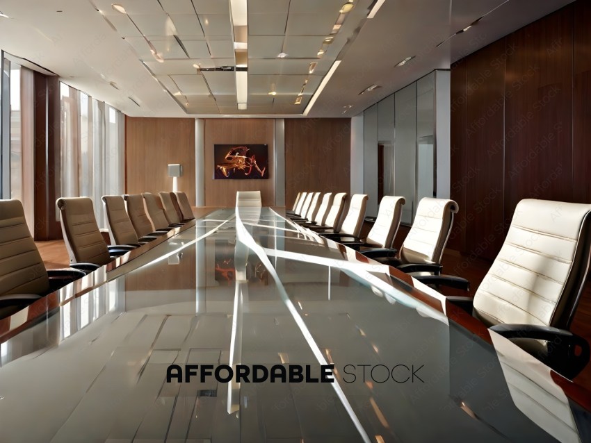 A conference room with a glass table and chairs