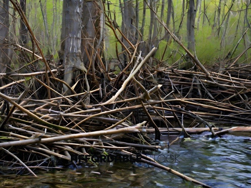 A bunch of tree branches in a river