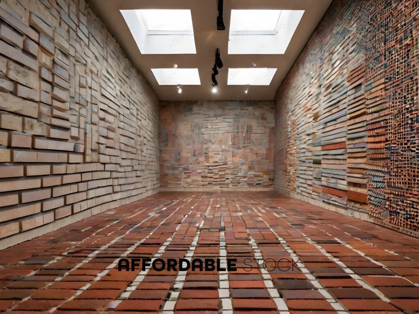 A large room with a brick wall and a patterned floor