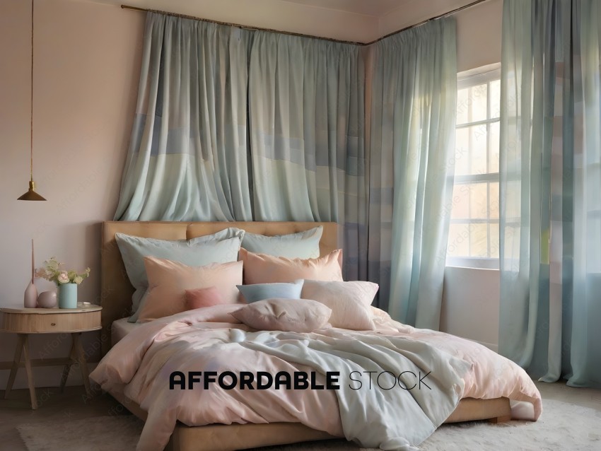 A bed with a pink blanket and blue curtains