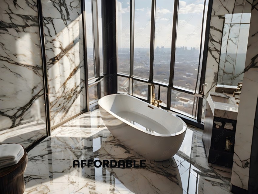 A large white bathtub in a bathroom with a city view