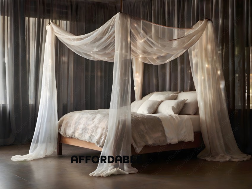 A white canopy bed with white sheets and pillows