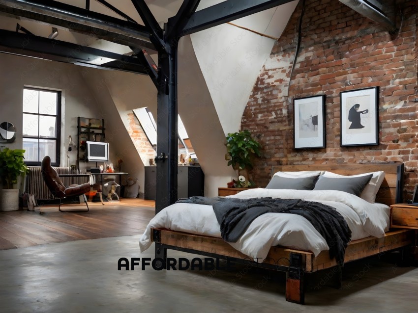 A large bed with a wooden frame and a gray blanket