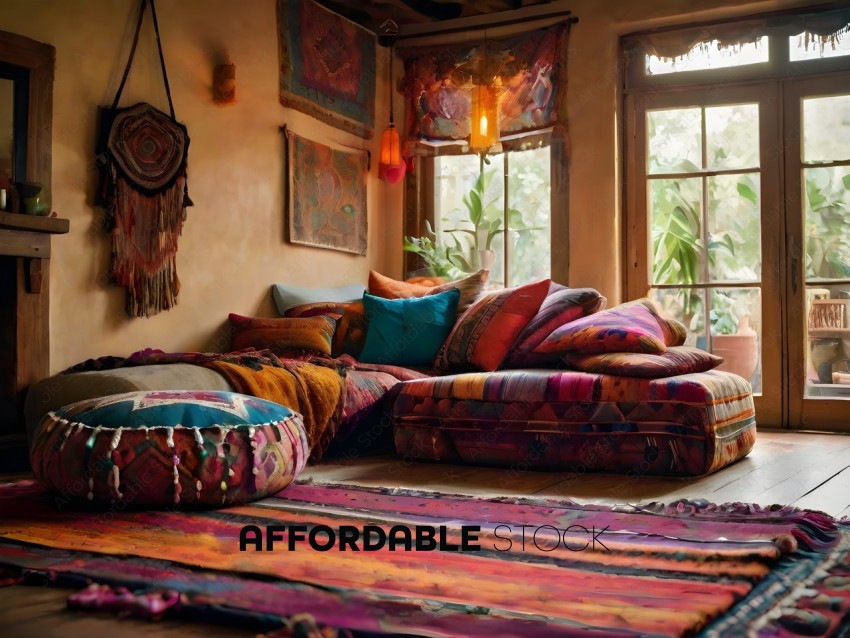 A colorful, patterned rug on a wooden floor