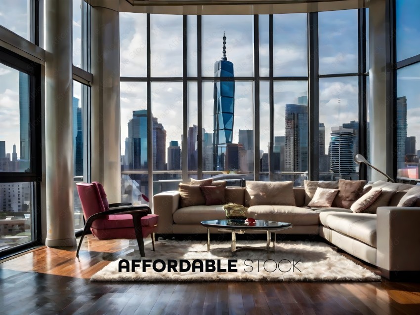 A modern living room with a city view