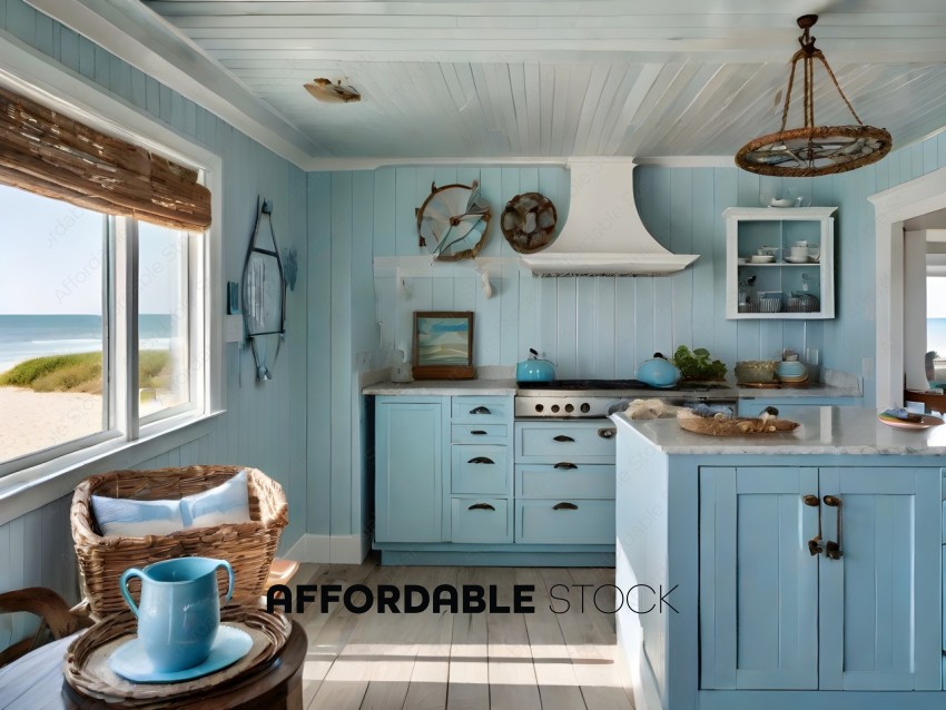 A blue kitchen with a white ceiling and wood floors