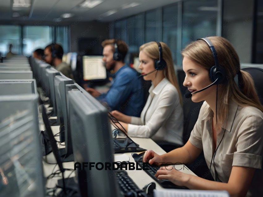 A group of people working in a call center