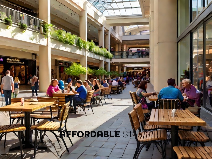 People eating at a mall food court