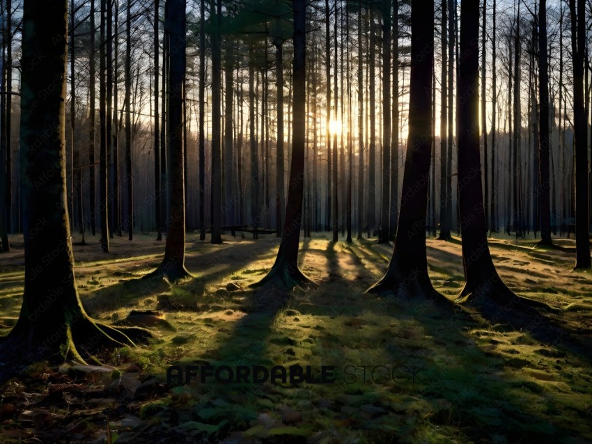 Sunset in the forest with trees casting shadows