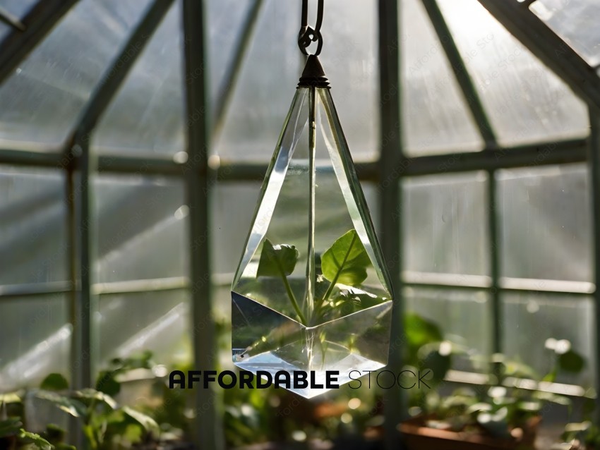 A glass hanging from a ceiling with a plant inside