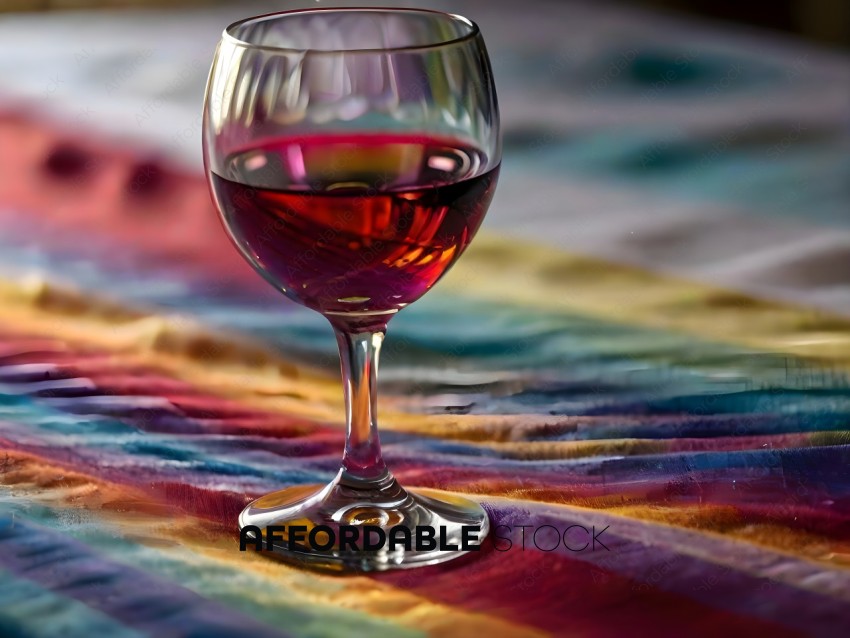 A glass of red wine on a colorful blanket