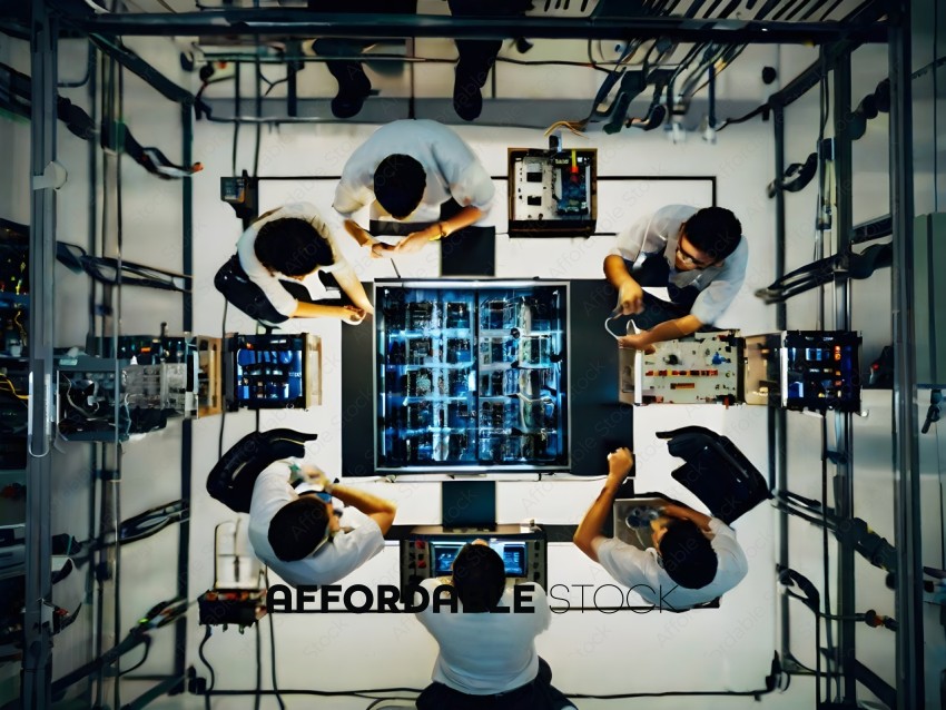 Five men working on a computer system