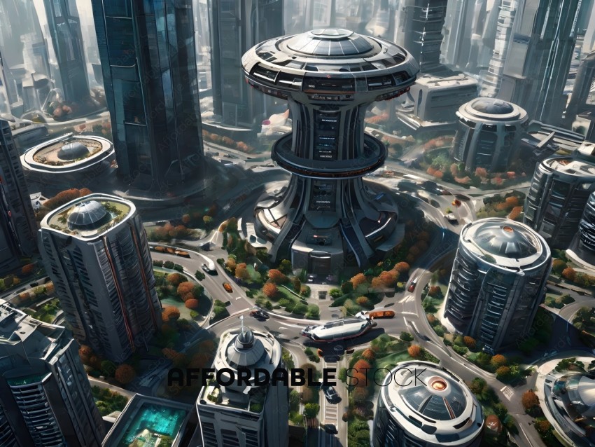 A futuristic city with a large building in the center