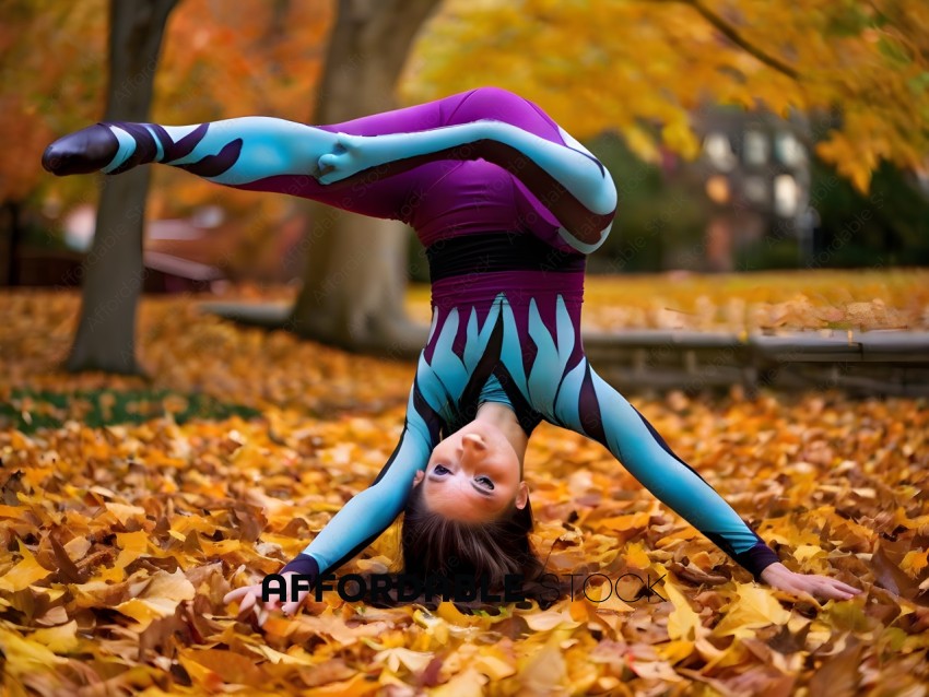 A woman in a purple and blue leotard is doing a handstand on a pile of leaves