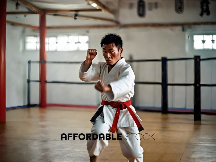 A man in a white karate uniform is practicing his moves