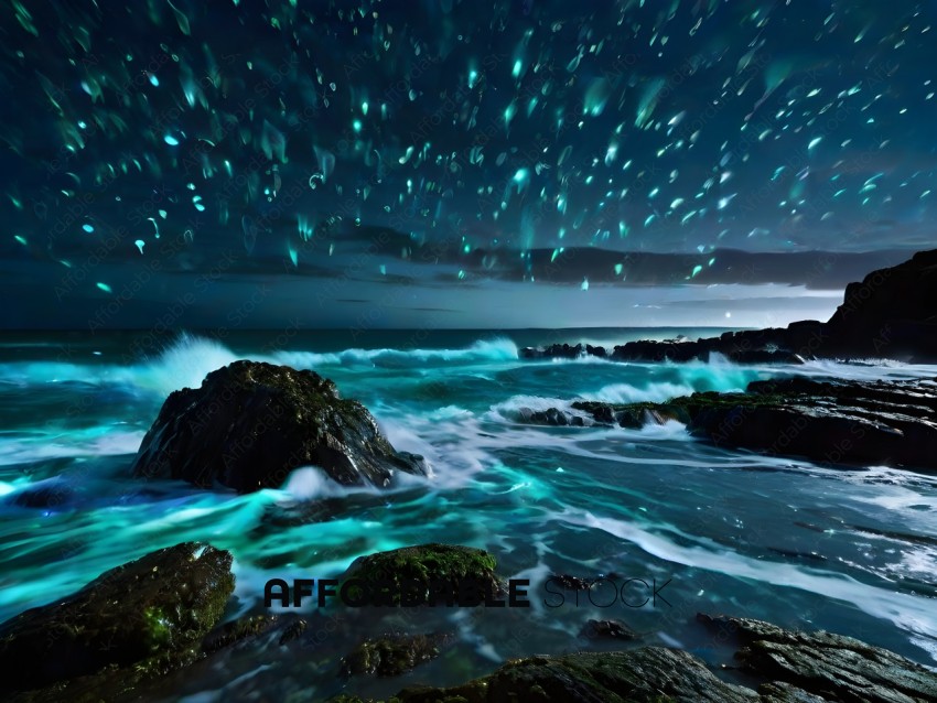A rocky coastline at night with a starry sky