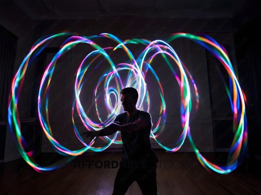 Man in a room with a lot of lights and a lot of circles