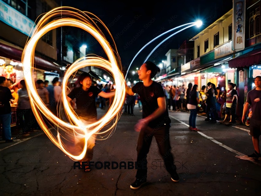 Two people performing a fire dance in the street