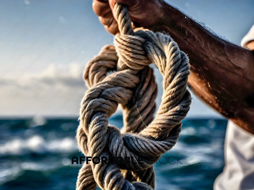 A person holding a rope with a knot in it