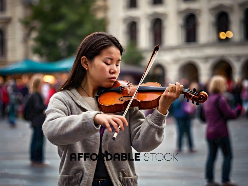 A woman playing a violin in a crowded area