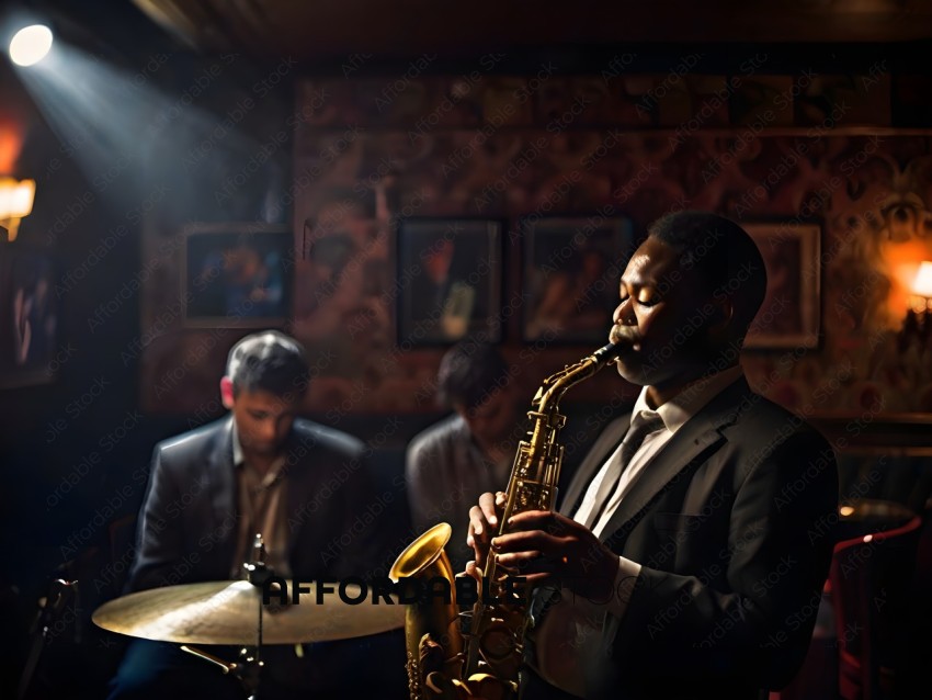 A man playing a saxophone in a room with two other men playing instruments