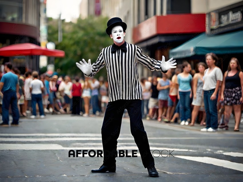 A man in a striped shirt and white face paint is standing in the middle of a street
