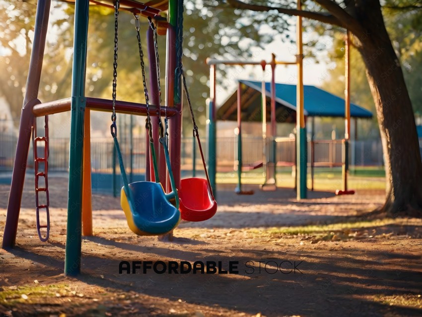 Swing set with three swings and a bench