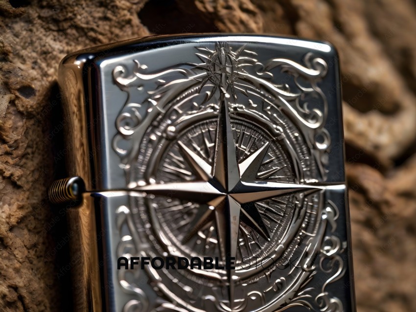 A silver lighter with a compass design on it