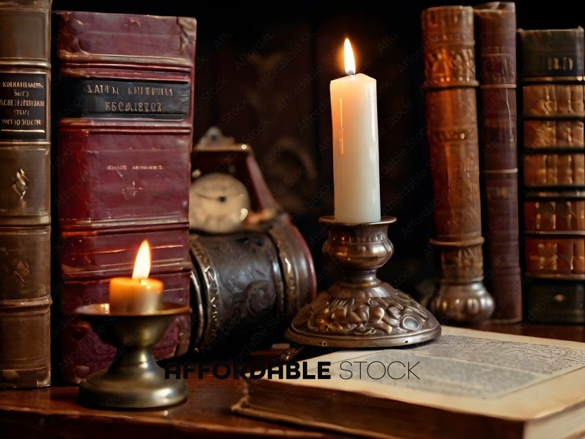 A candle and a book on a table