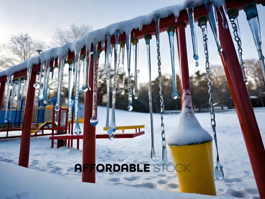 Snowy playground with melting icicles
