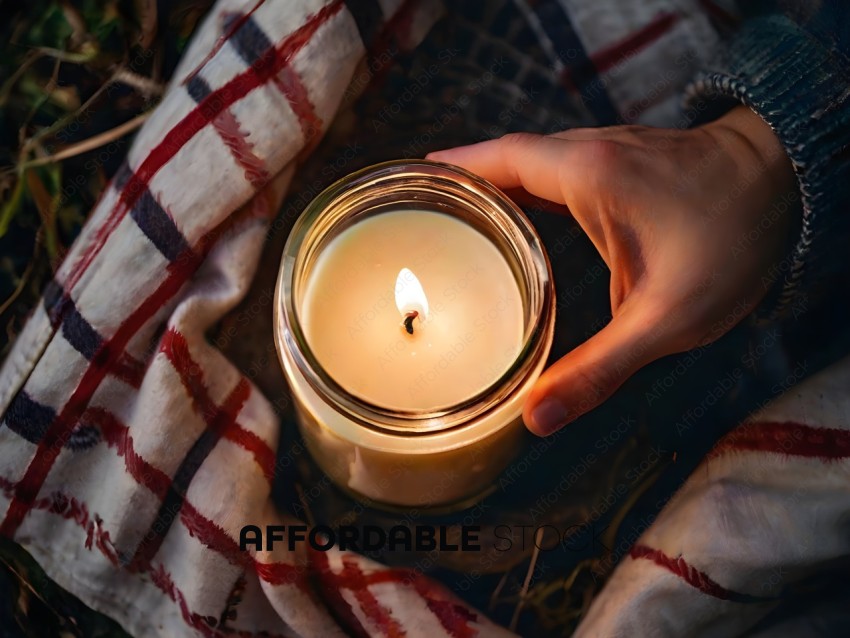 A person holding a candle in a jar
