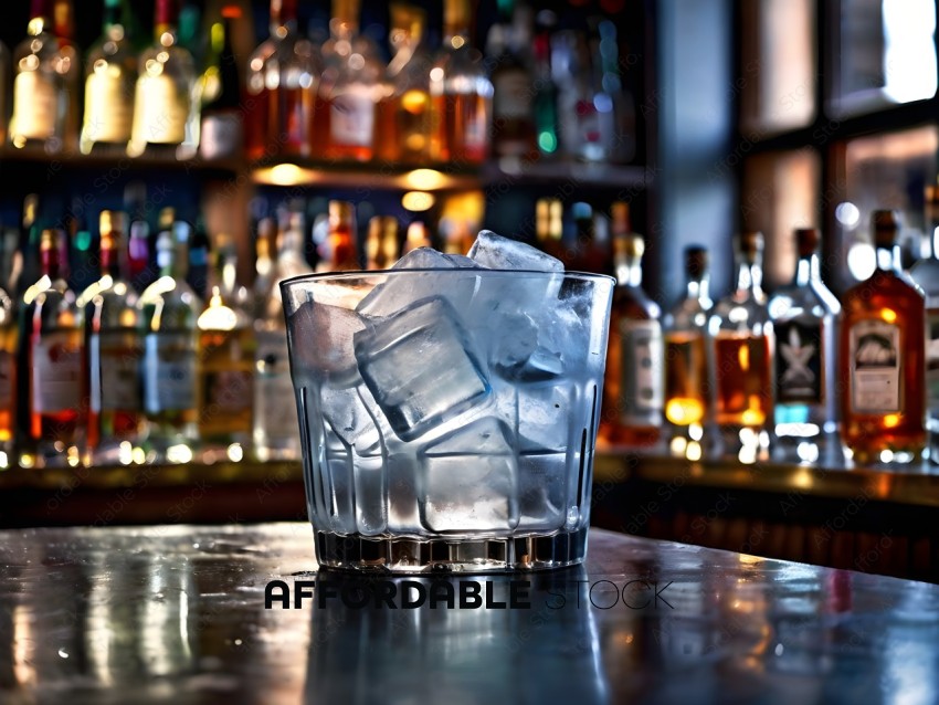A glass of ice water sits on a bar counter