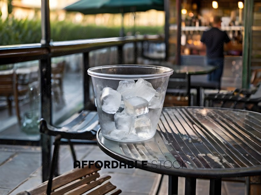 A clear plastic cup filled with ice sits on a table