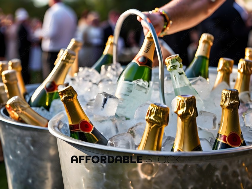 A bucket of champagne bottles in ice