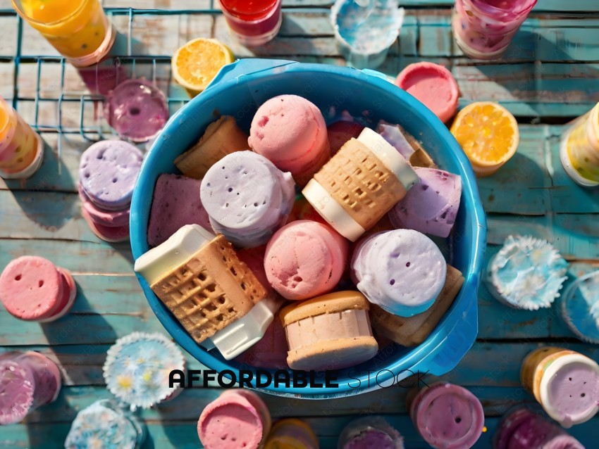 A blue bowl filled with ice cream cones and other treats