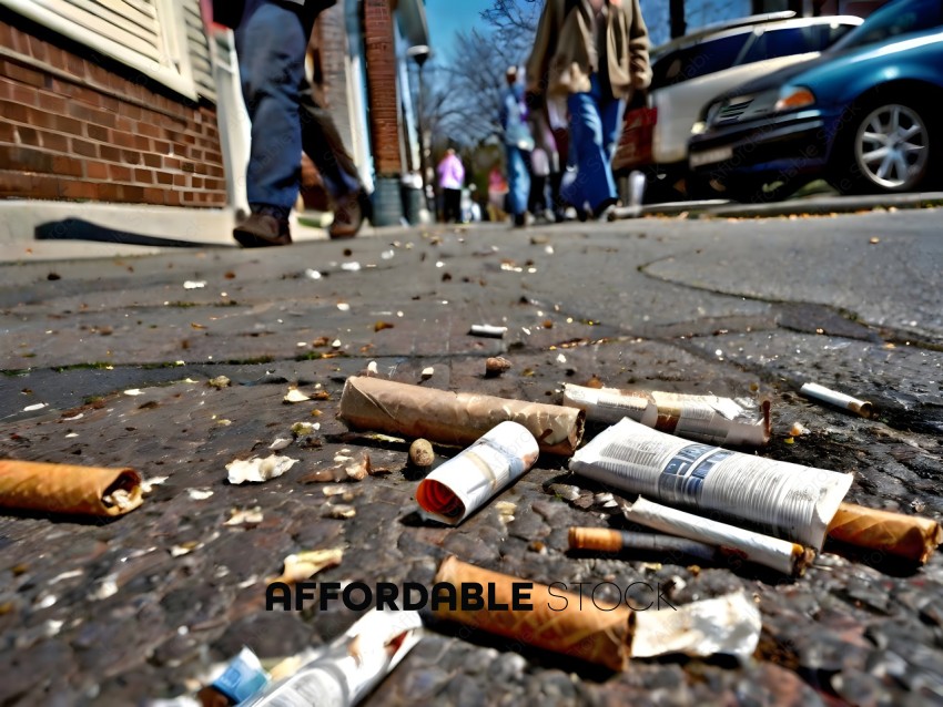 Cigarette butts and papers on the ground