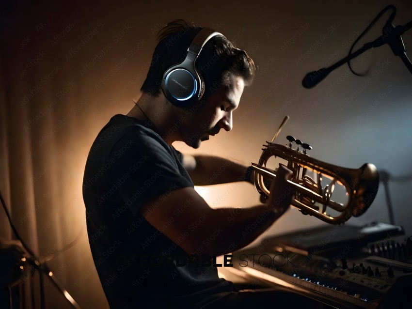 Man wearing headphones and playing a brass instrument