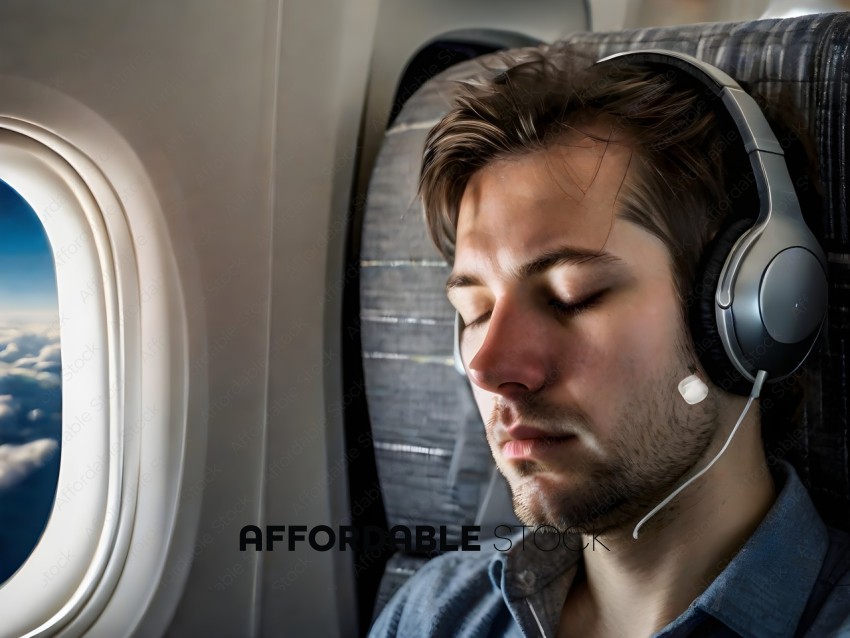 Man wearing headphones and sleeping on airplane