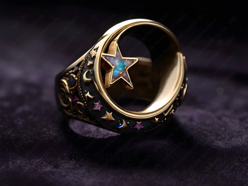 A gold ring with a star and a crescent moon on it