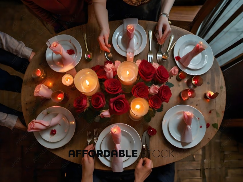 A table with lit candles and roses