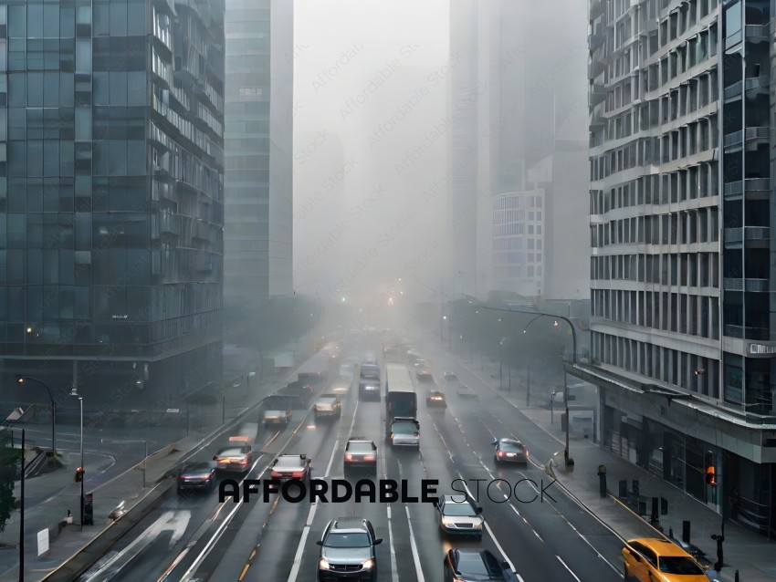 Cars on a foggy city street