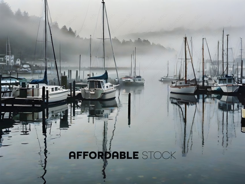 Boats in a foggy harbor
