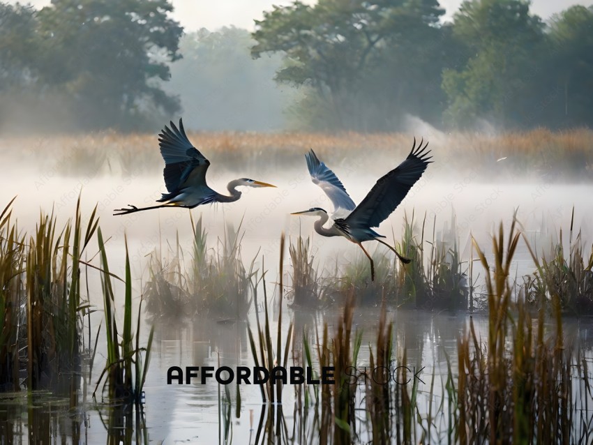 Two birds flying over a misty marsh