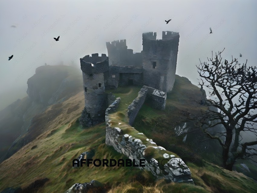 A castle on a hill with birds flying around