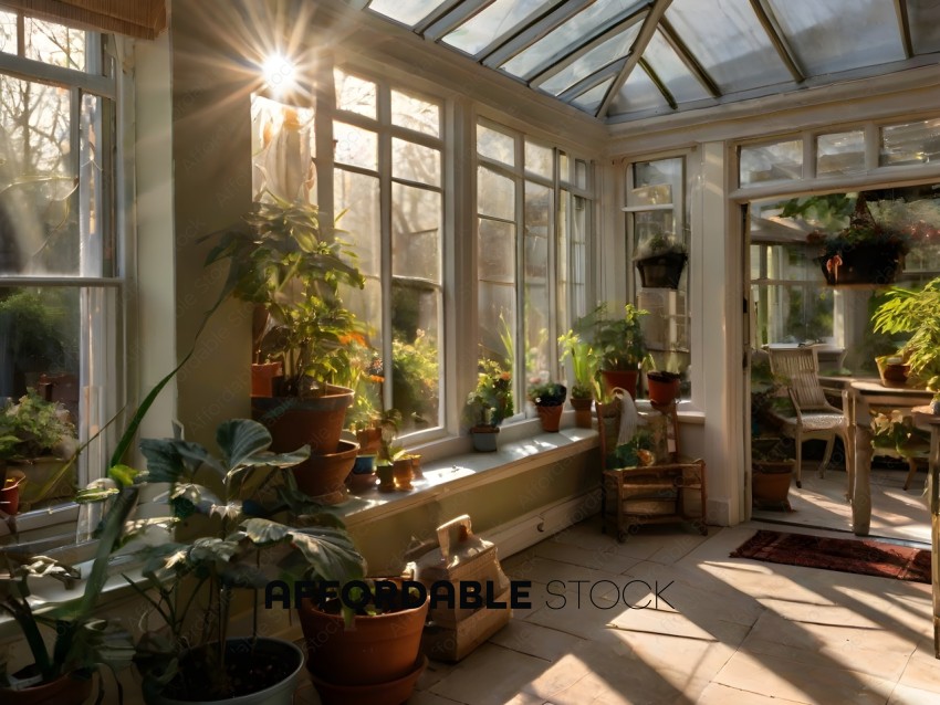 A room with many potted plants and a skylight
