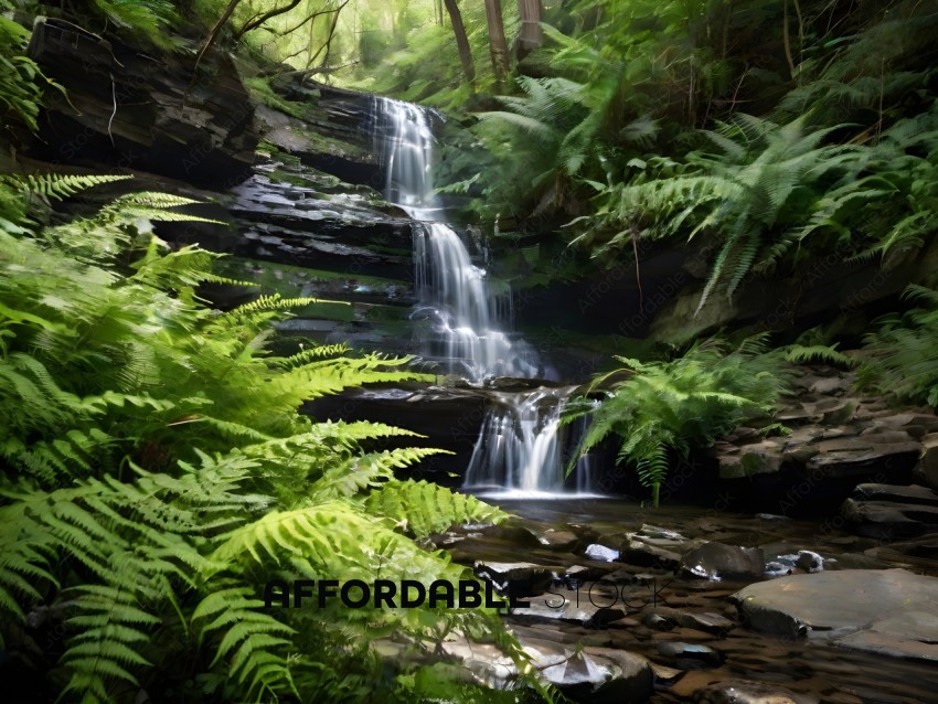 A waterfall in a forest with ferns