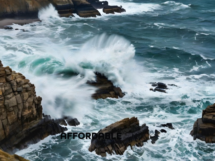 A large wave crashing against a rocky coastline