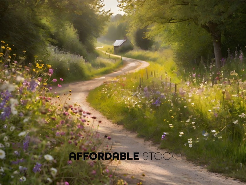 A country road with flowers and trees